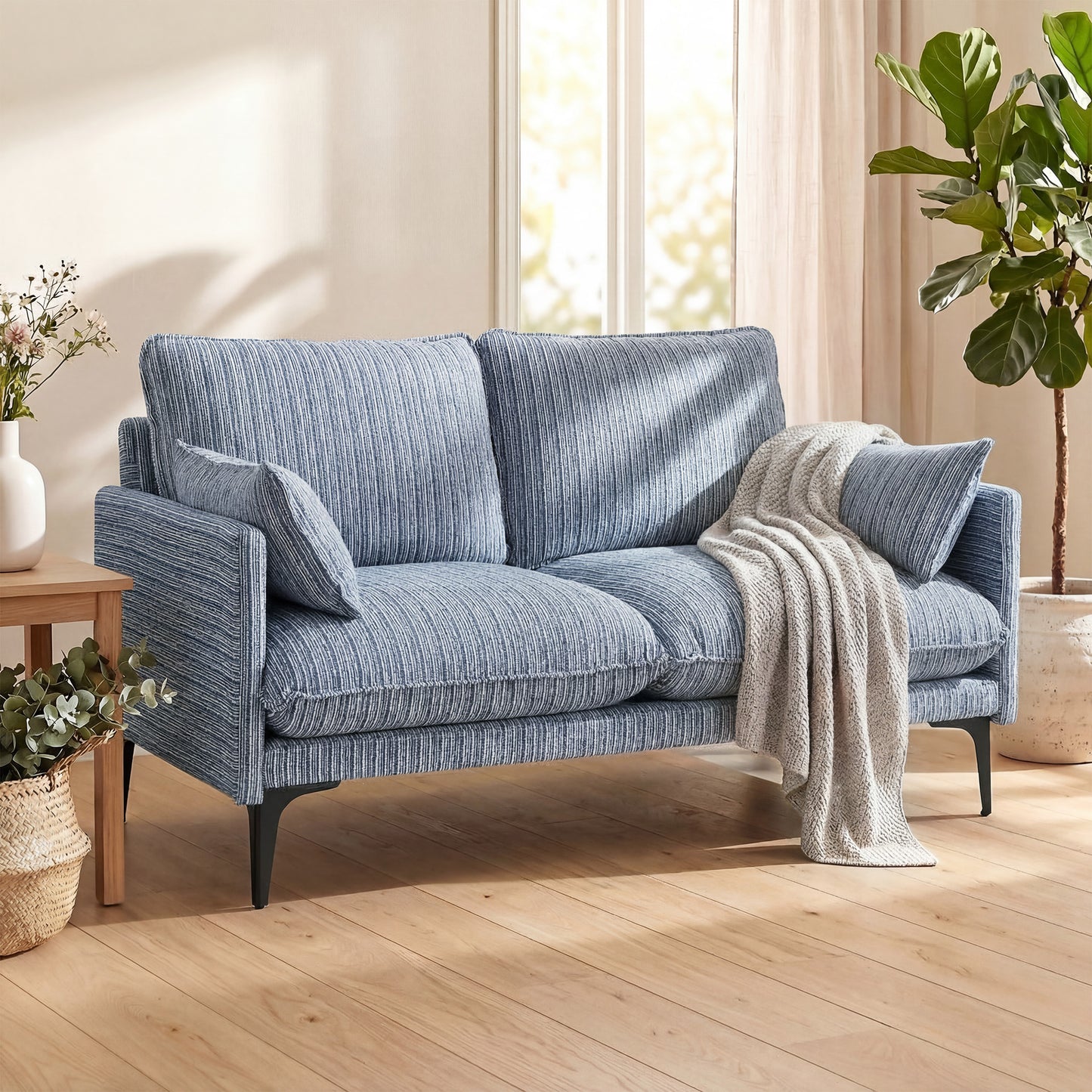 Canapea 2 locuri din material respirabil cu perne groase, 2 perne, cotiere, pentru living, Albastru