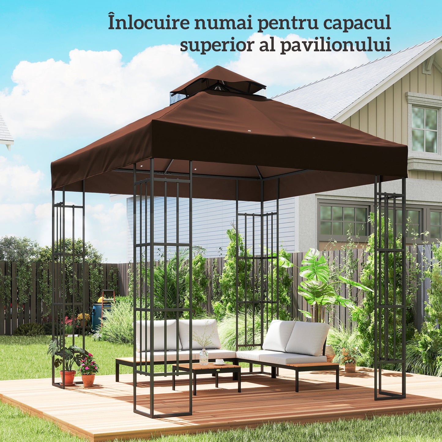 Acoperiș de Schimb pentru Foișor 3x3 m cu 2 Niveluri pentru Grădină, Pânză Rezistentă la Apă din Țesătură Oxford 370g/㎡ Anti-UV 30+ cu Orificii de Drenaj, Cafea