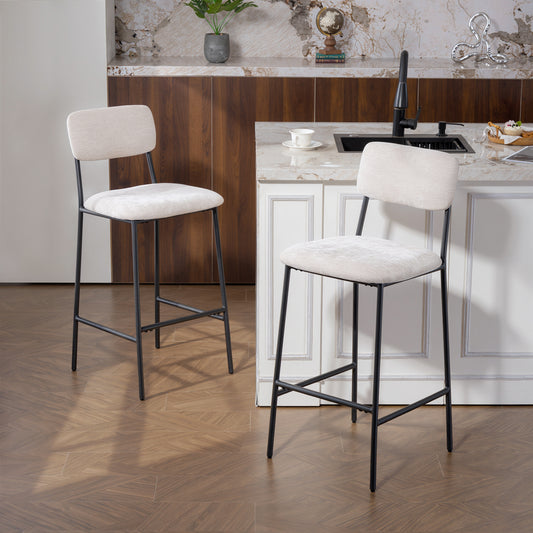 , Set 2 Scaune de Bar cu Spătar Înalt, Suport pentru Picioare, Chenille, oțel, 45.5 x 48 x 101cm, Crem