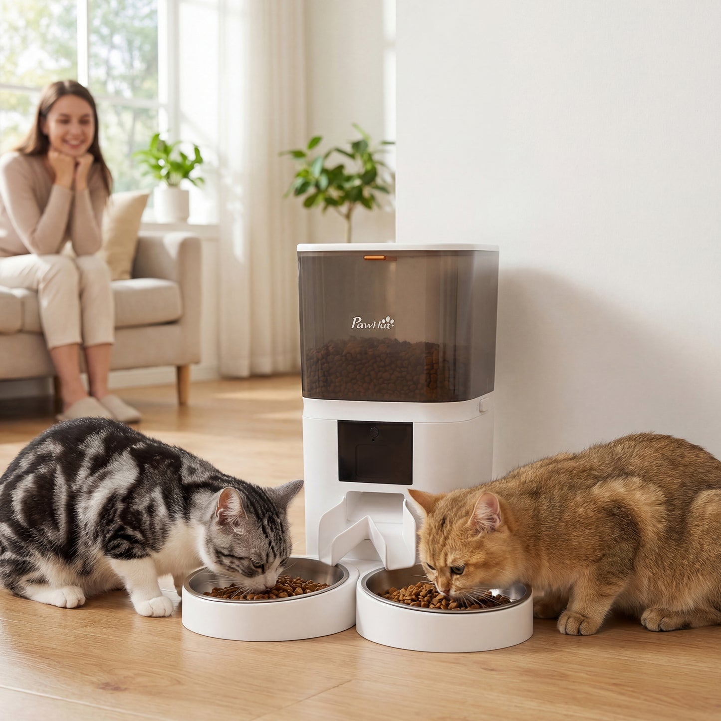 Distribuitor Automat Hrană Pisici 6L WiFi 2.4G, Control prin Aplicație cu Timer, 1-10 Mese pe Zi, Înregistrare 10s, 2 Boluri din Oțel Inoxidabil