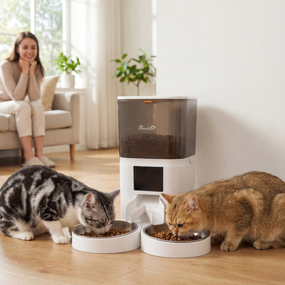 Distribuitor Automat Hrană Pisici 6L WiFi 2.4G, Control prin Aplicație cu Timer, 1-10 Mese pe Zi, Înregistrare 10s, 2 Boluri din Oțel Inoxidabil