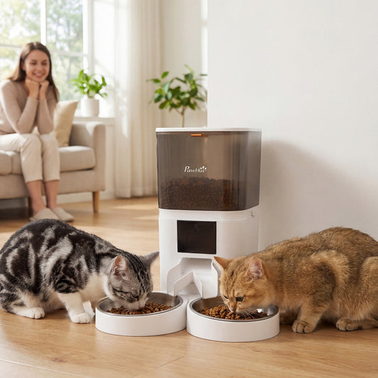 Distribuitor Automat Hrană Pisici 6L WiFi 2.4G, Control prin Aplicație cu Timer, 1-10 Mese pe Zi, Înregistrare 10s, 2 Boluri din Oțel Inoxidabil