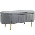 Bancă de Depozitare Ovală 72L cu Capac Rabatabil, din Catifea și Lemn, 108x44x43.5 cm, Gri