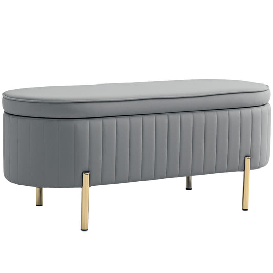Bancă de Depozitare Ovală 72L cu Capac Rabatabil, din Catifea și Lemn, 108x44x43.5 cm, Gri