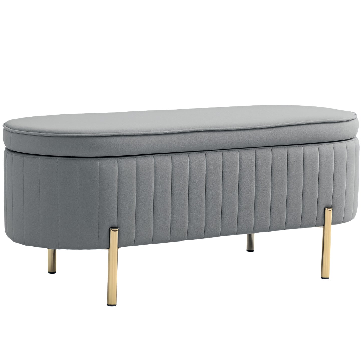 Bancă de Depozitare Ovală 72L cu Capac Rabatabil, din Catifea și Lemn, 108x44x43.5 cm, Gri