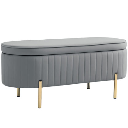 Bancă de Depozitare Ovală 72L cu Capac Rabatabil, din Catifea și Lemn, 108x44x43.5 cm, Gri