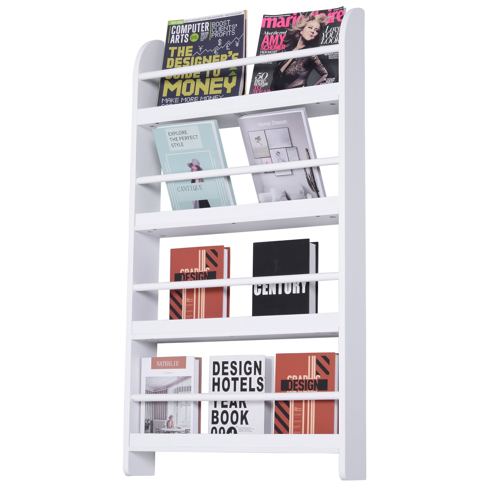 Etajeră de Perete cu 4 Rafturi, Librărie Suspendată din Lemn pentru Cărți, Raft Organizator Subțire, Alb, 59x12x113cm