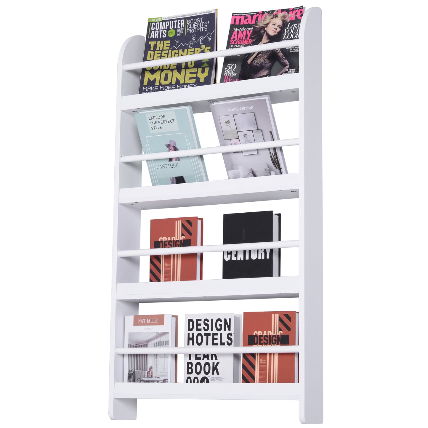 Etajeră de Perete cu 4 Rafturi, Librărie Suspendată din Lemn pentru Cărți, Raft Organizator Subțire, Alb, 59x12x113cm
