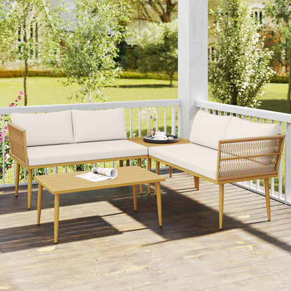 Set Mobilier de Exterior din Ratan PE cu 2 Canapele de 2 Locuri cu Perne și 2 Mese de Cafea, Culoare Lemn