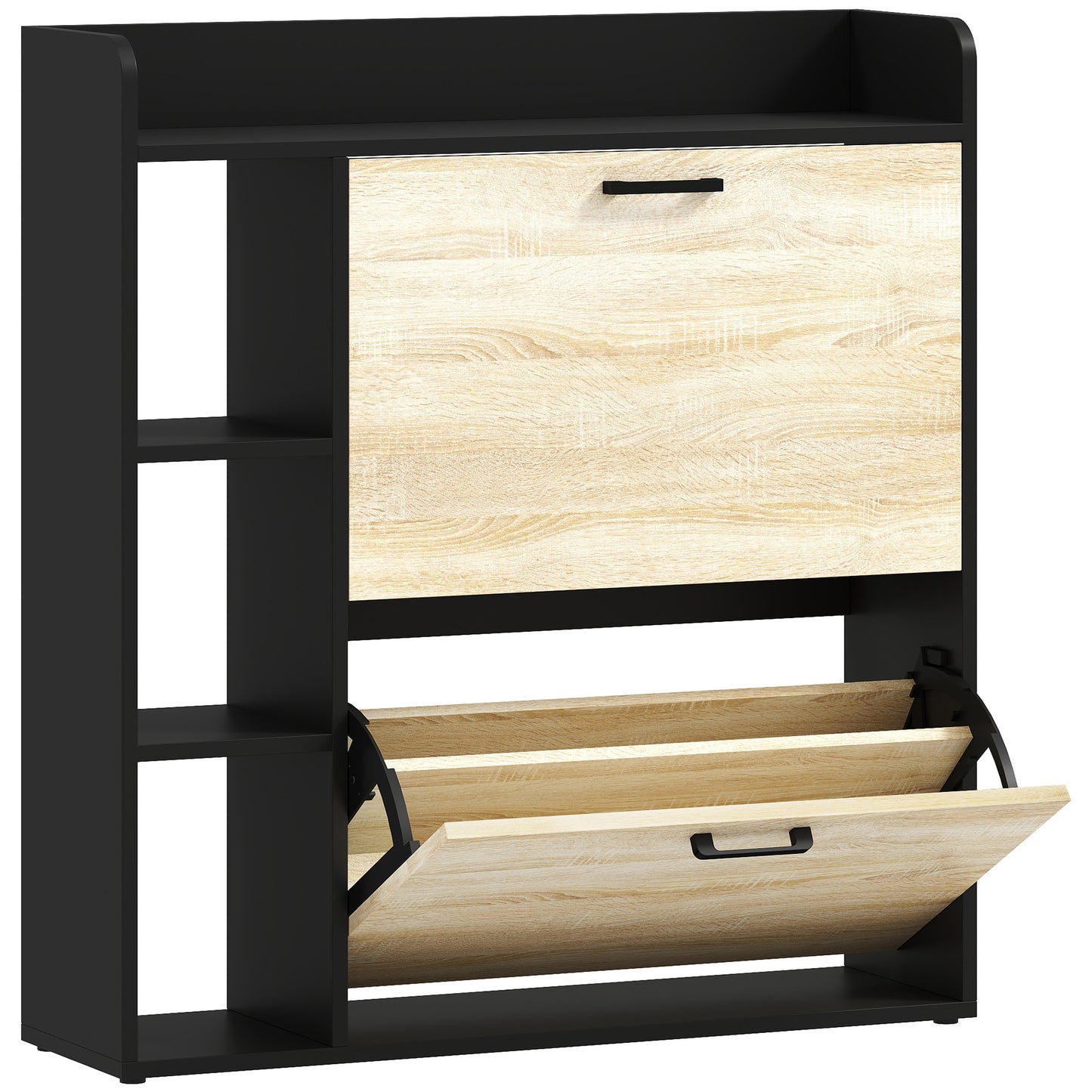Scarpieră Slim cu 2 Sertare Rabatabile și 3 Compartimente Deschise, Capacitate 15 Pantofi, 83x24x90.5 cm, Negru