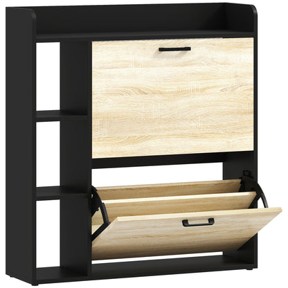 Scarpieră Slim cu 2 Sertare Rabatabile și 3 Compartimente Deschise, Capacitate 15 Pantofi, 83x24x90.5 cm, Negru