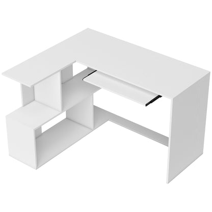 Birou de Colț Modern cu Raft Glisant pentru Tastatură și Rafturi pe 4 Niveluri, Alb