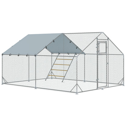 Spațiu pentru Găini de 12m² pentru 12-18 Animale, cu Acoperiș Impermeabil, Hrănitoare și Stinghie, 3x4x1.9m, Argintiu