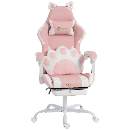 Scaun Gaming Ergonomic cu Urechi de Pisică, Fotoliu Gaming Birou Reclinabil din Piele Eco cu Suport pentru Picioare, Tetieră și Înălțime Reglabilă, Suport Lombar și Cervical, Roz