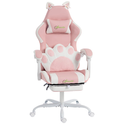Scaun Gaming Ergonomic cu Urechi de Pisică, Fotoliu Gaming Birou Reclinabil din Piele Eco cu Suport pentru Picioare, Tetieră și Înălțime Reglabilă, Suport Lombar și Cervical, Roz