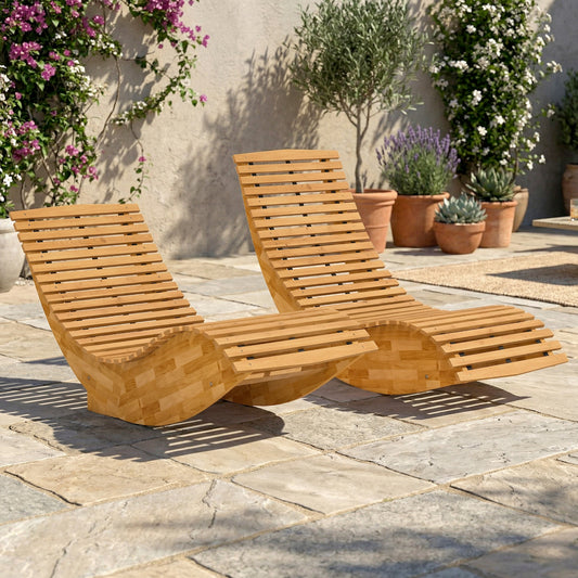 Set de 2 Balansoare de Exterior, Șezlonguri Pliabile Ergonomice din Lemn de Acacia, Natural.