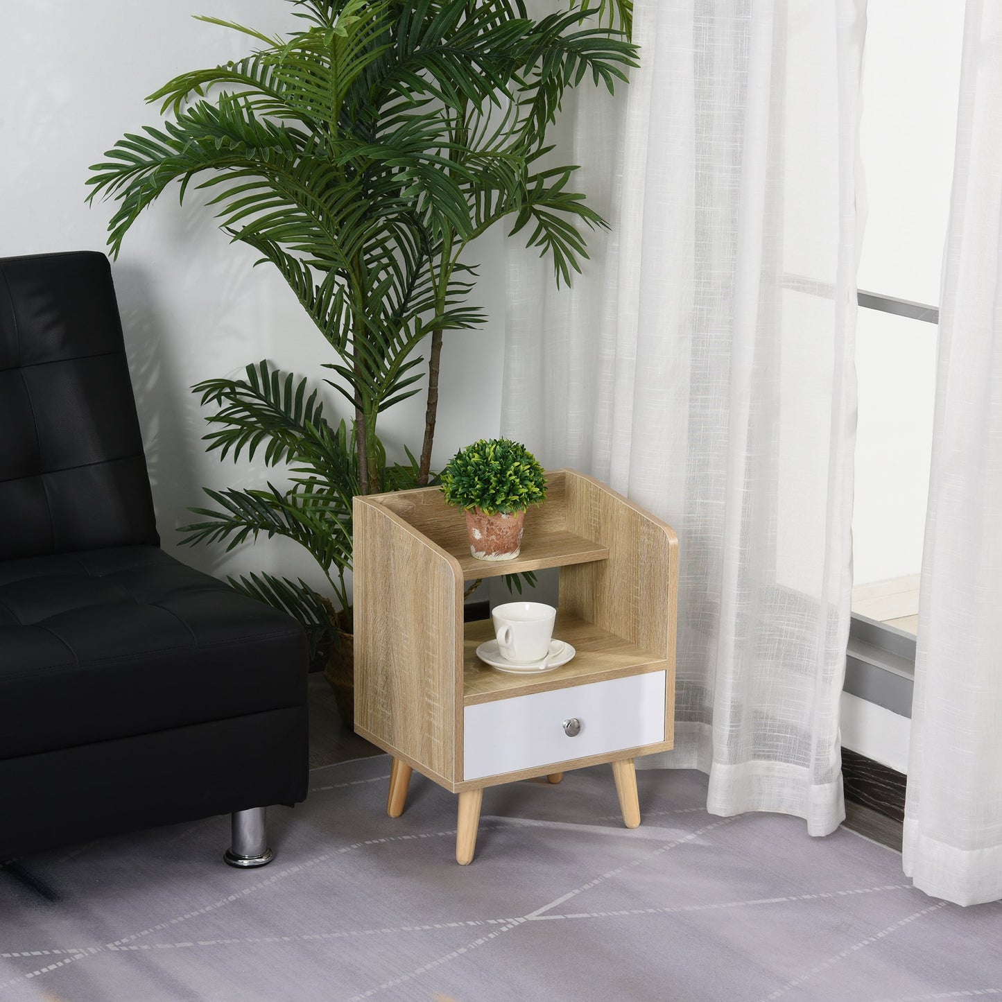 Noptiera Economie Spatiu Mobilier cu Sertar si Raft in Lemn 37x30x48cm - Stejar / alb