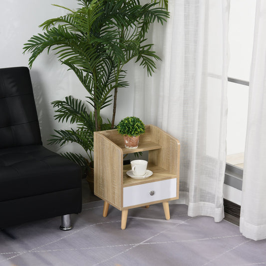 Noptiera Economie Spatiu Mobilier cu Sertar si Raft in Lemn 37x30x48cm - Stejar / alb