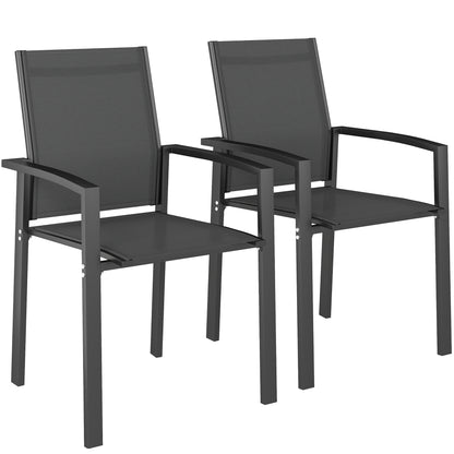 Set 2 Scaune de Grădină Stivuibile cu Șezut Respirabil, din Aluminiu și Textilen, 56x58x89 cm, Gri Cărbune