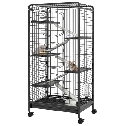 Cușcă pentru Animale Mici și Rozătoare cu Roți, 5 Rampe și 5 Platforme, 61.5x44x131 cm, Negru