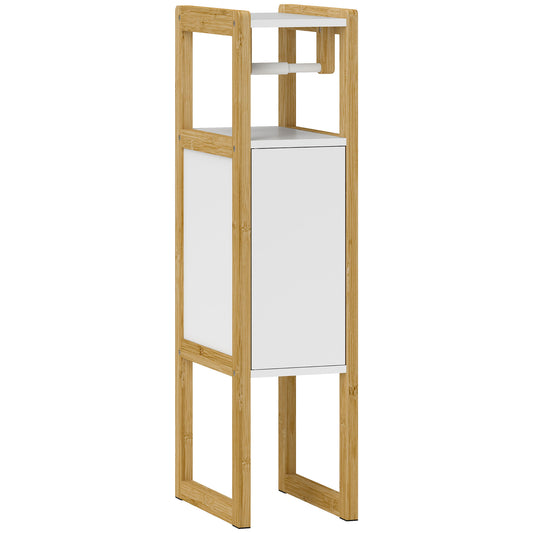 Dulap de Baie Economisitor de Spațiu cu Suport pentru Hârtie Igienică, Dulap și Raft din Bambus, 20x33x80cm, Alb