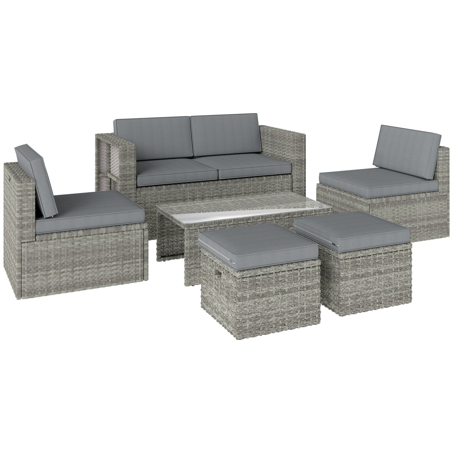 Set Exterior 6 Piese cu Canapea, 2 Scaune, Masă cu Blat din Sticlă și 2 Suporturi pentru Picioare, Gri Închis
