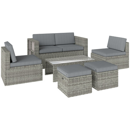 Set Exterior 6 Piese cu Canapea, 2 Scaune, Masă cu Blat din Sticlă și 2 Suporturi pentru Picioare, Gri Închis