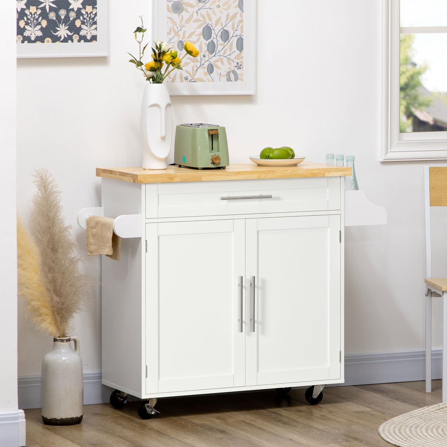 Carut Bucatarie 109×40×89 cm – Blat Lemn, Roti & Spatiu Depozitare