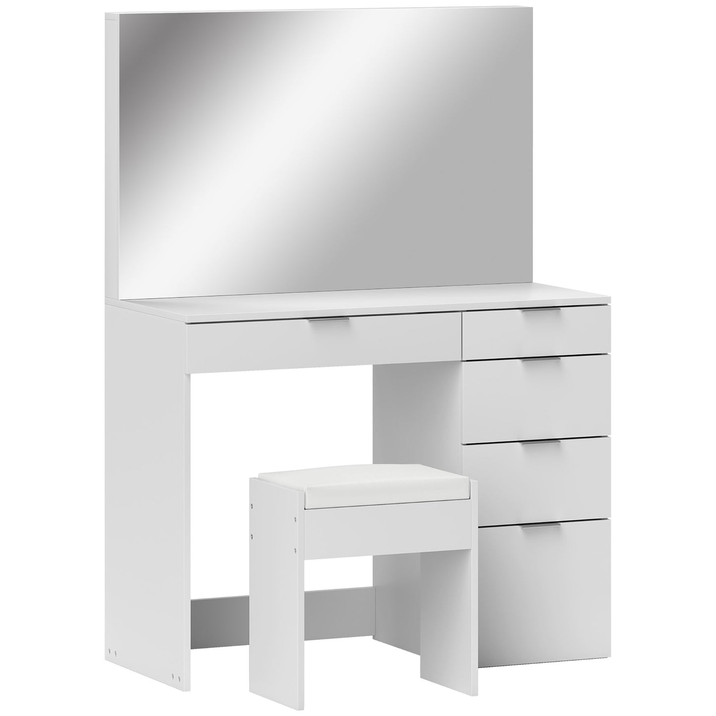 Set Masă de Toaletă cu Oglindă și 5 Sertare 97,2x44,5x136,5 cm și Taburet Căptușit 40x24x46 cm, Alb