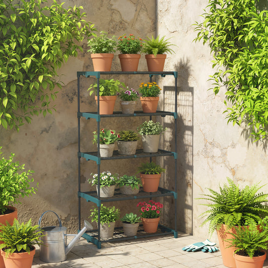 Suport pentru Plante Vertical cu 5 Nivele din Oțel și Plastic, Suport Ghivece Interior și Exterior Grădină Balcon, 67x49x138 cm, Verde Închis