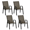 Set 4 Piese Scaune de Gradina cu Cotiere, Scaune de Exterior Stivuibile din Metal si Tesatura Respirabila, Maro
