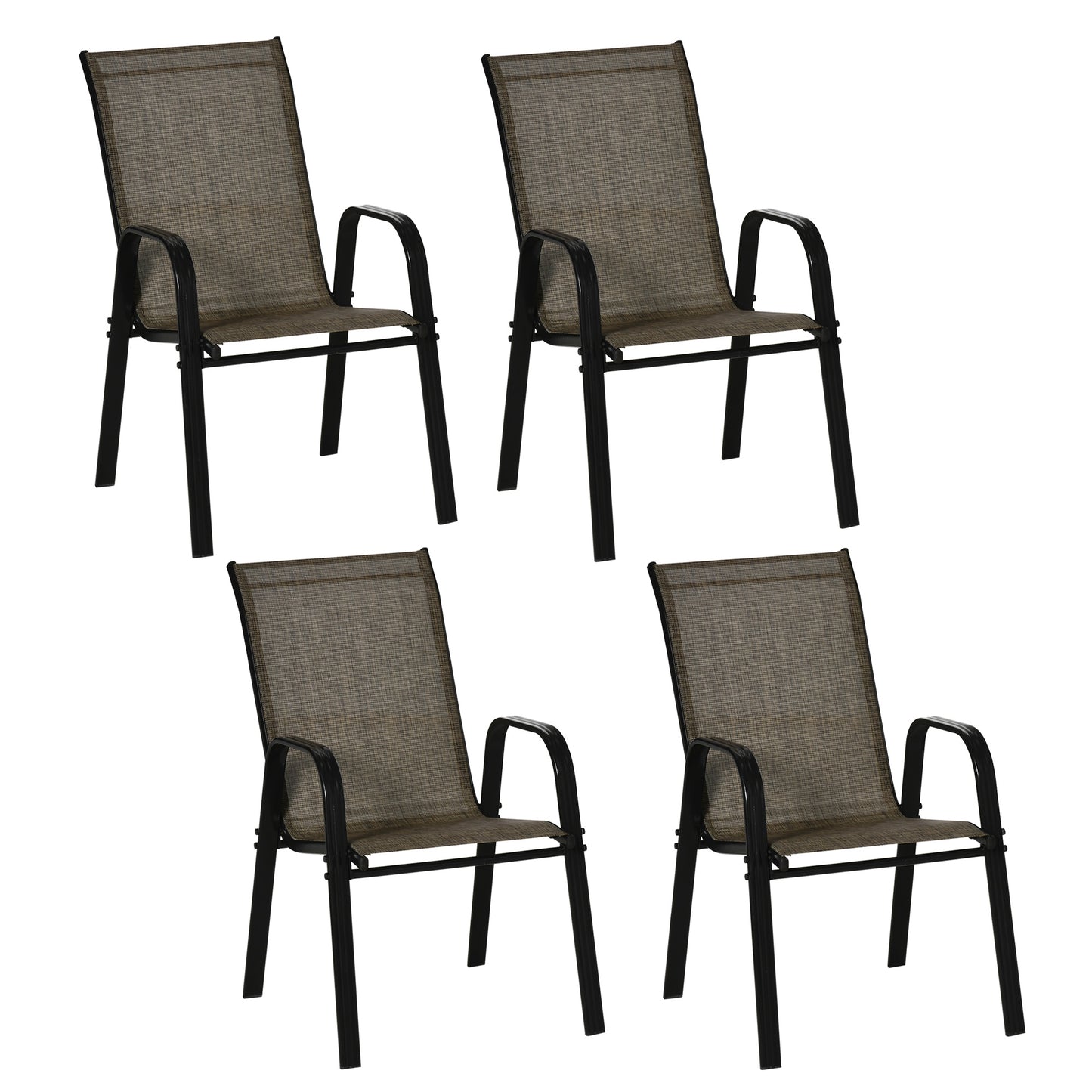 Set 4 Piese Scaune de Gradina cu Cotiere, Scaune de Exterior Stivuibile din Metal si Tesatura Respirabila, Maro