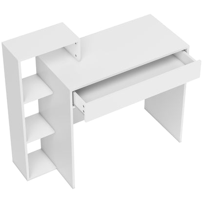 Birou PC Modern cu 3 Rafturi Deschise și Sertar, din Lemn Alb, 100x40x90 cm