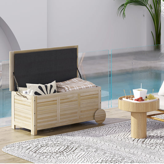 Ladă de Exterior 185L cu 2 Roți, Cu Husă Interioară și Capac, din Lemn de Brad, 110x50x50 cm, Culoare Lemn