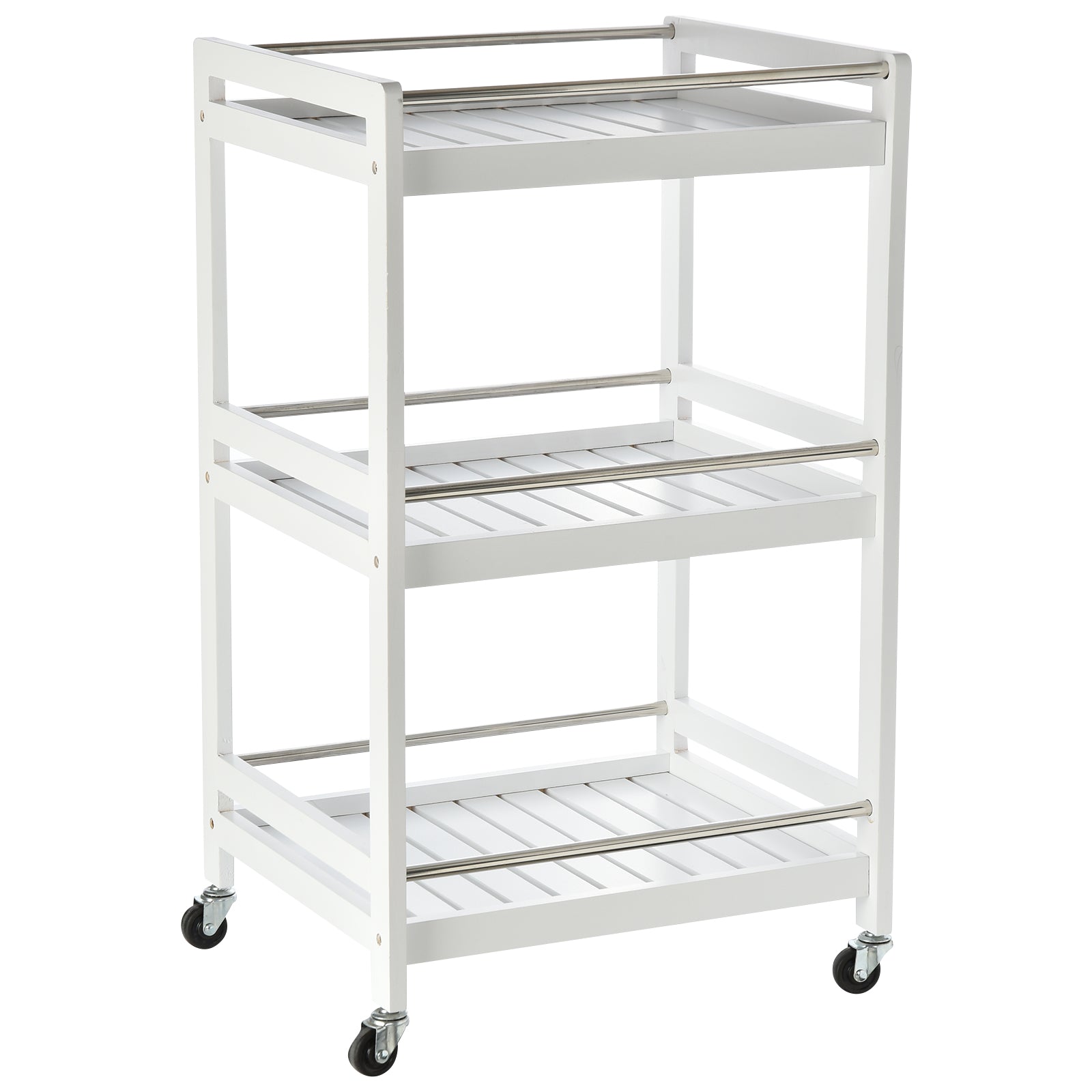 Carucior de Bucatarie Economisire Spatiu din Lemn Alb cu 3 Etajere 4 Roti 360°