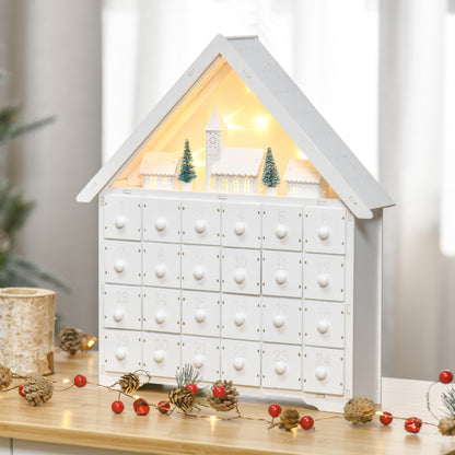 Calendar de Advent din Lemn 24 de Sertare Satul de Craciun cu Brazi si Lumini