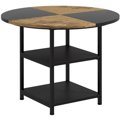 Masă de Dining pentru 4-6 Persoane cu 2 Rafturi Integrate, din Oțel și MDF, Ø100x76 cm, Negru și Maro