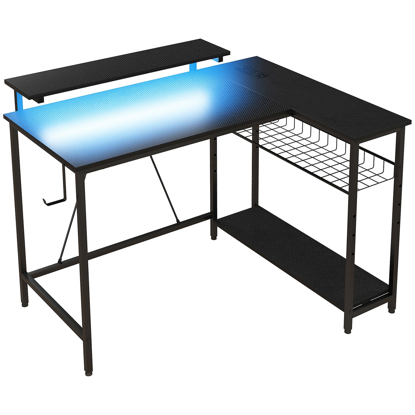 Birou colțar reversibil cu LED, prize de curent și USB, rafturi și suport pentru monitor, negru