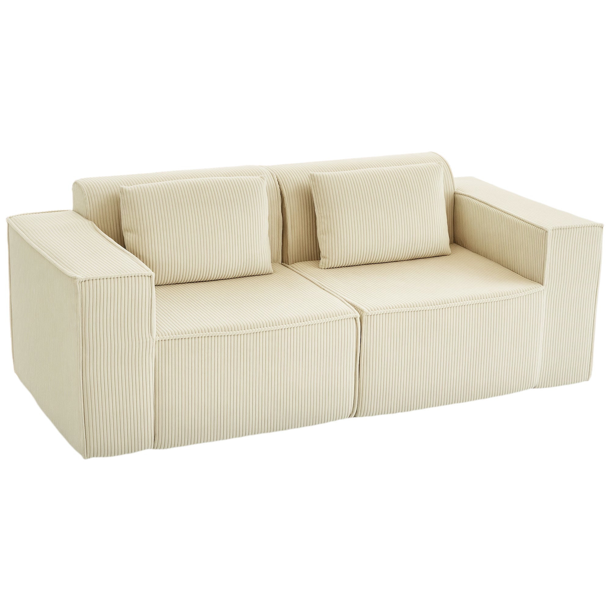 Canapea 3 Locuri Extra Adâncă 65 cm, Canapea Modulară Fără Cadru cu Perne Groase, Cotiere Largi și 2 Perne, Design Modern din Catifea cu Nervuri pentru Sufragerie, Bej