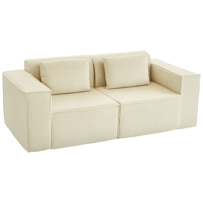 Canapea 3 Locuri Extra Adâncă 65 cm, Canapea Modulară Fără Cadru cu Perne Groase, Cotiere Largi și 2 Perne, Design Modern din Catifea cu Nervuri pentru Sufragerie, Bej