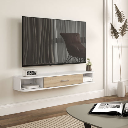 ，Suport TV，Cu 2 Rafturi Deschise și Dulap cu Ușă Rabatabilă，MDF，120cm x 26cm x 16cm，Alb, gri