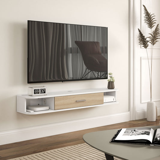 ，Suport TV，Cu 2 Rafturi Deschise și Dulap cu Ușă Rabatabilă，MDF，120cm x 26cm x 16cm，Alb, gri