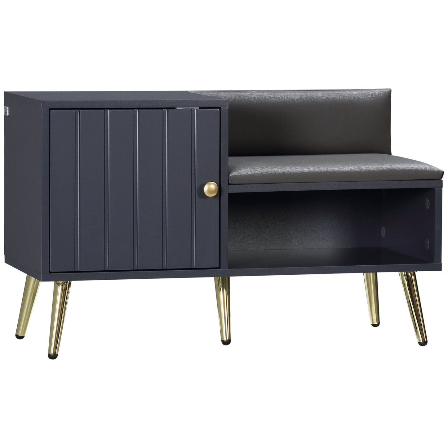 Dulap de pantofi de intrare cu scaun captusit, raft deschis si dulap, pentru 4 perechi de pantofi, lemn si metal, 80x33x49cm, gri