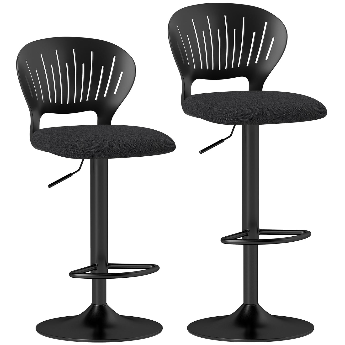 Set 2 Scaune de Bar Reglabile, Scaune de Bucătărie Înalte din Material Textil cu Efect de In cu Spătar, Suport pentru Picioare și Șezut Moale, Cadru Metalic, Scaune Rotative la 360°, Negru
