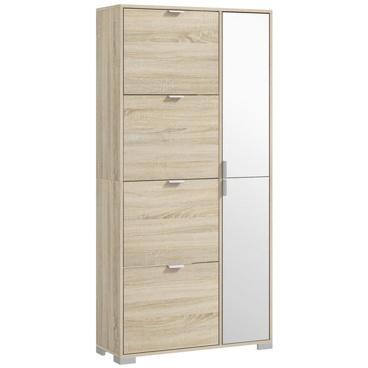 Etajeră pentru Pantofi cu Oglindă, 4 Sertare Rabatabile și 2 Dulapuri, 82x30x168 cm, Culoare Stejar