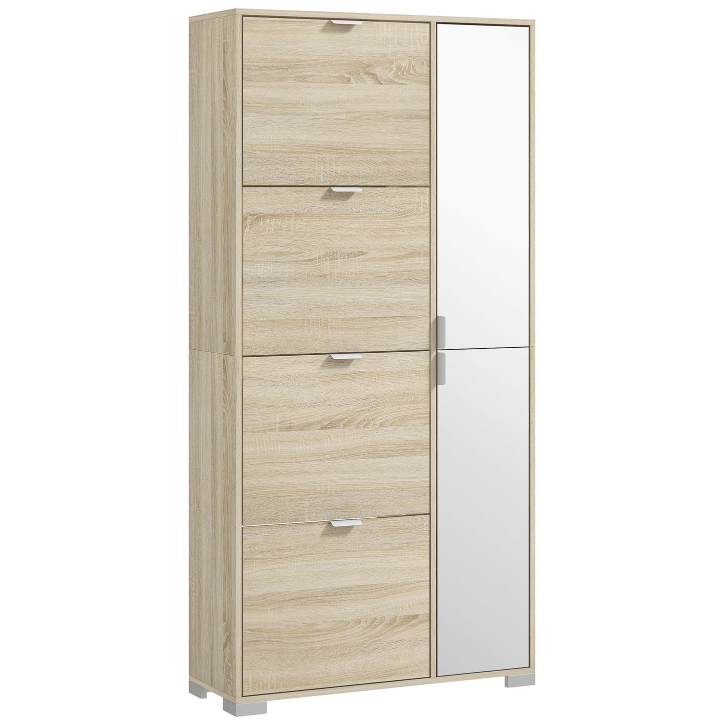 Etajeră pentru Pantofi cu Oglindă, 4 Sertare Rabatabile și 2 Dulapuri, 82x30x168 cm, Culoare Stejar