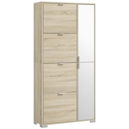 Etajeră pentru Pantofi cu Oglindă, 4 Sertare Rabatabile și 2 Dulapuri, 82x30x168 cm, Culoare Stejar