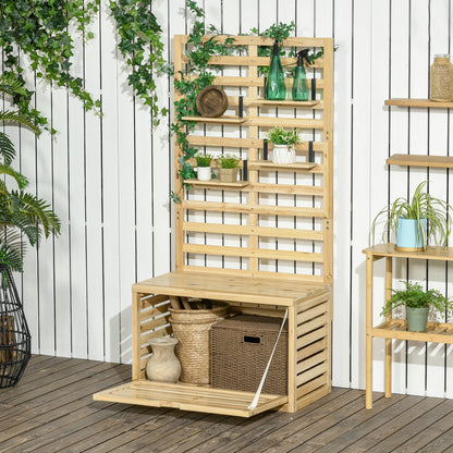 Bancă de Depozitare pentru Grădină din Lemn de Brad cu Spalier Integrat și 4 Rafturi, Bancă de Depozitare Exterior Impermeabilă cu Închidere Magnetică, 80x45x160 cm, Culoare Lemn