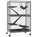 Cușcă pentru Rozătoare cu 4 Intrări la Nivele Multiple cu Hamac, din Metal și PP, 80x52x128 cm, Argintiu și Gri