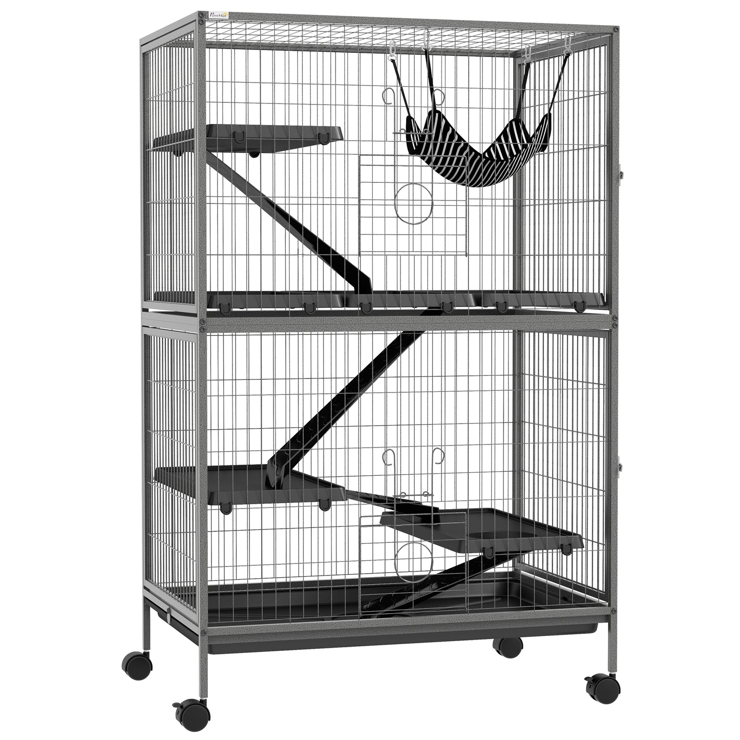 Cușcă pentru Rozătoare cu 4 Intrări la Nivele Multiple cu Hamac, din Metal și PP, 80x52x128 cm, Argintiu și Gri